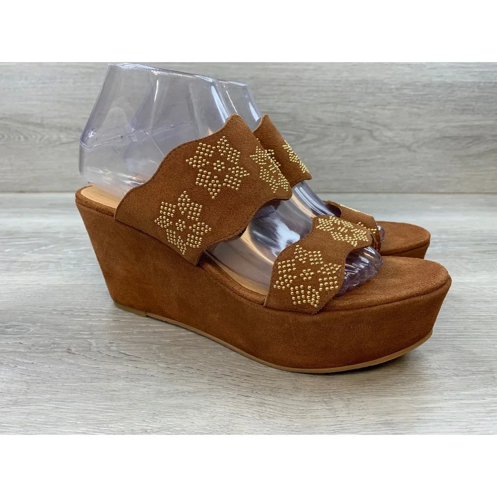 Jack Rogers Brown Suede Studded Scalloped Platform Wedge Sandals Casual Shoes